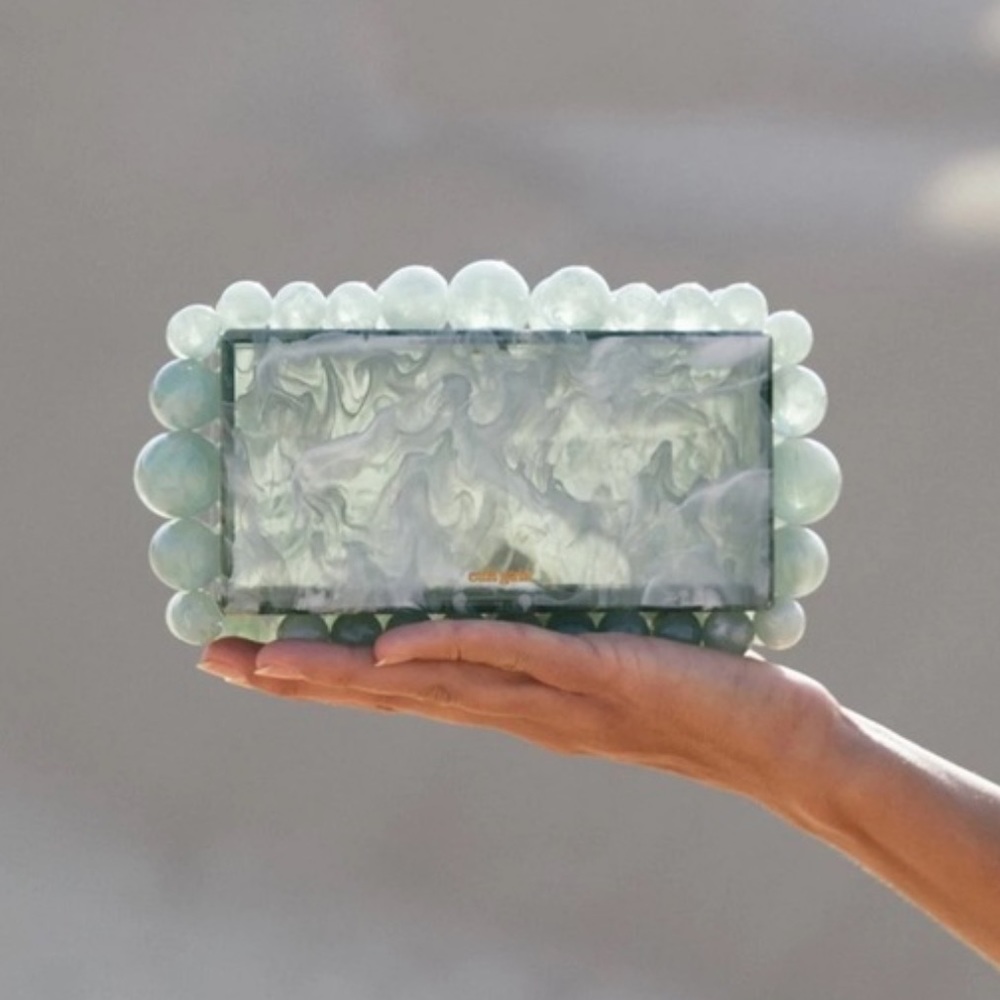 Cult Gaia Eos Bauble Acrylic Box Clutch in Blue Green Seaspray NWT